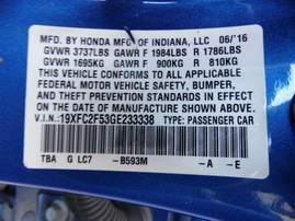 2016 Honda Civic LX Blue Sedan 2.0L AT #A23781